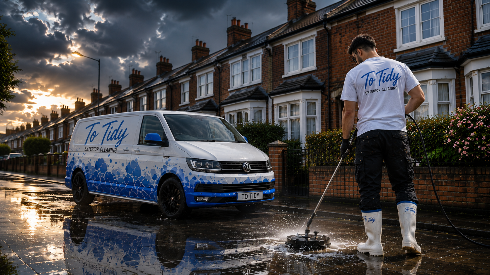 To Tidy worker pressure washing a UK driveway